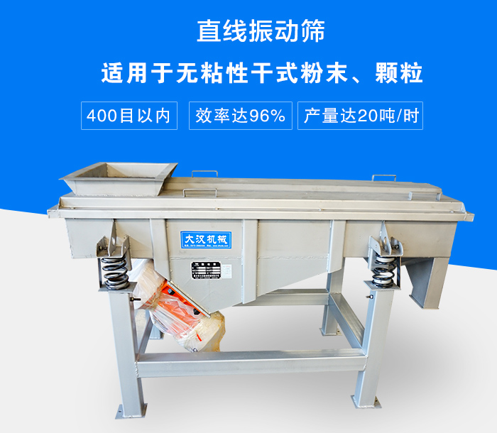 直線振動(dòng)篩適用于無粘性干式粉末、顆粒，產(chǎn)量達(dá)20噸/時(shí)