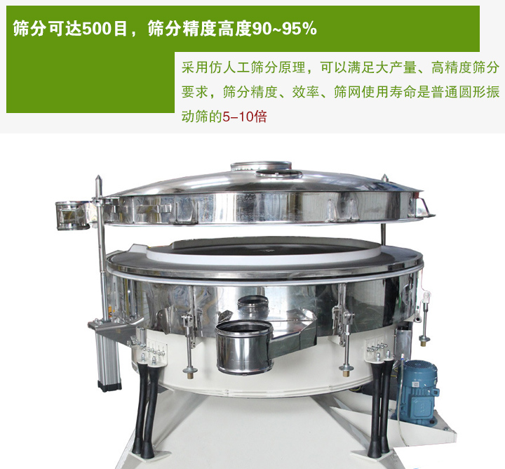 搖擺篩分機(jī)采用仿人工篩分原理，可以滿足大產(chǎn)量、高精度篩分 要求，篩分精度、效率、篩網(wǎng)使用壽命是普通圓形振 動(dòng)篩的5-10倍